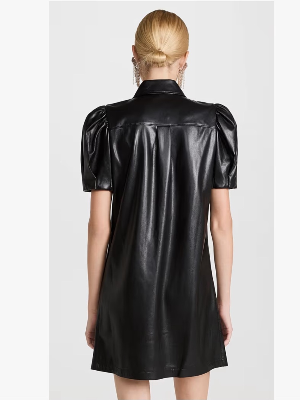 Aureum Black Faux Leather Puff Sleeve Mini Shirt Dress Size Medium - Picture 2 of 11
